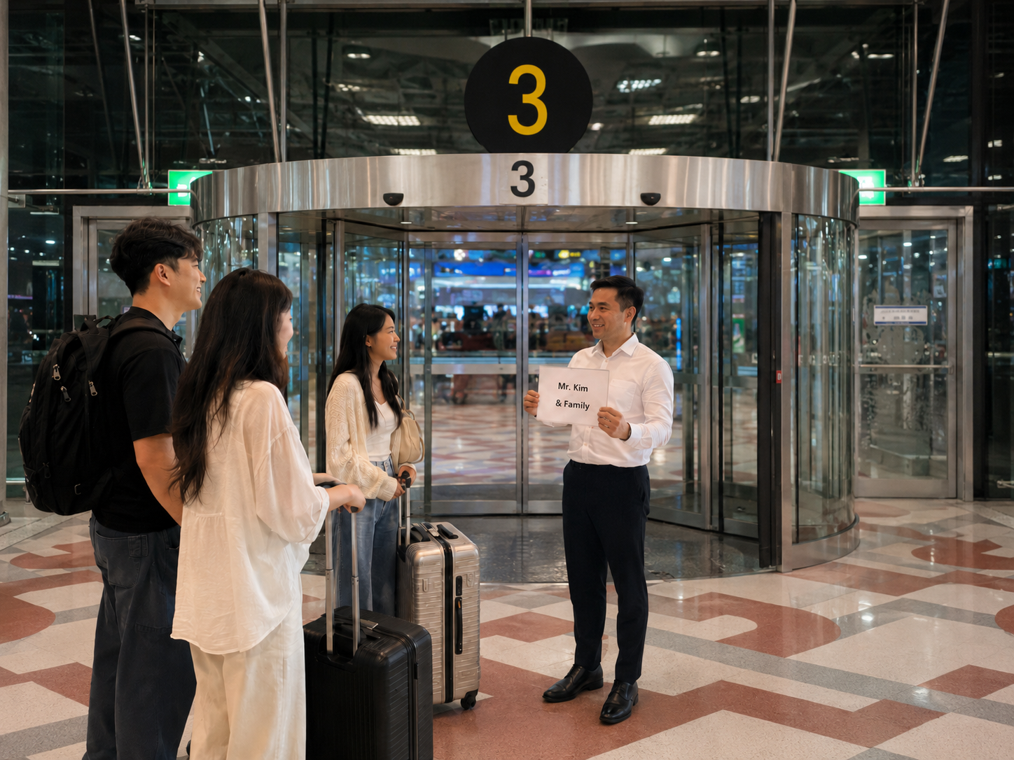 수완나품공항 3번 회전문 안쪽에서 예약자 이름 피켓으로 고객을 맞이하는 파타야 차량 픽업 담당자