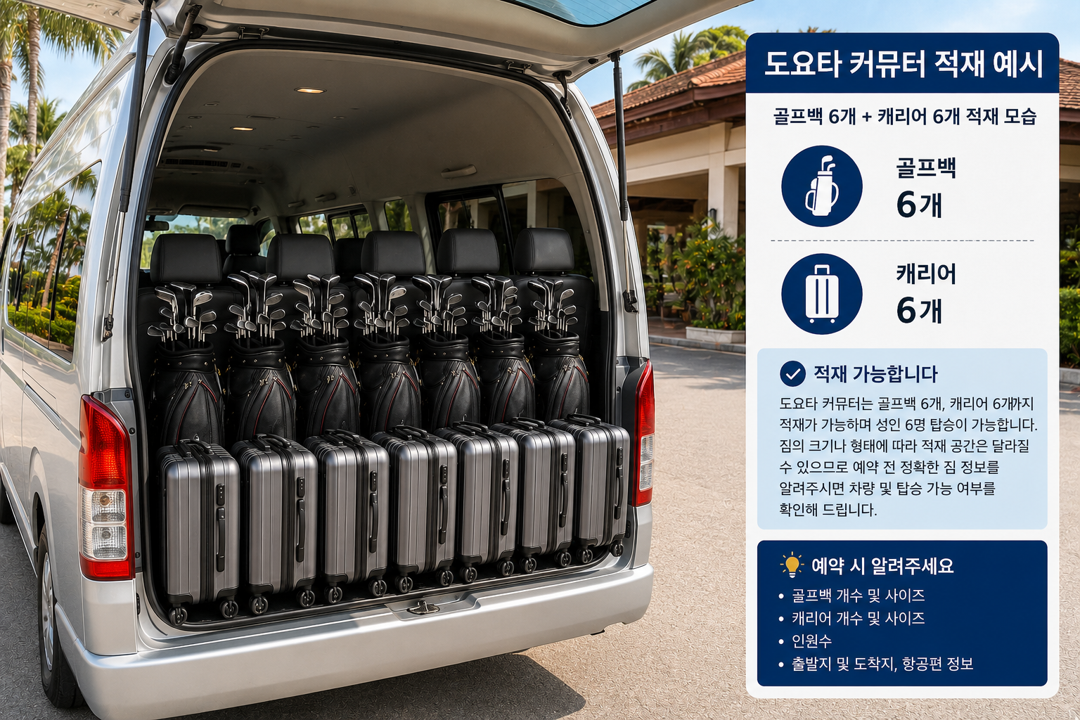 골프백 6개와 캐리어 6개를 적재한 도요타 커뮤터 차량의 내부 수하물 공간